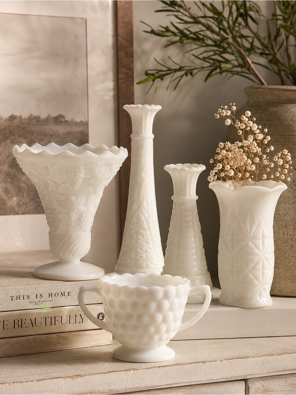 Vintage-Inspired White Milk Glass Vase Collection White Cottage Farmhouse Decor